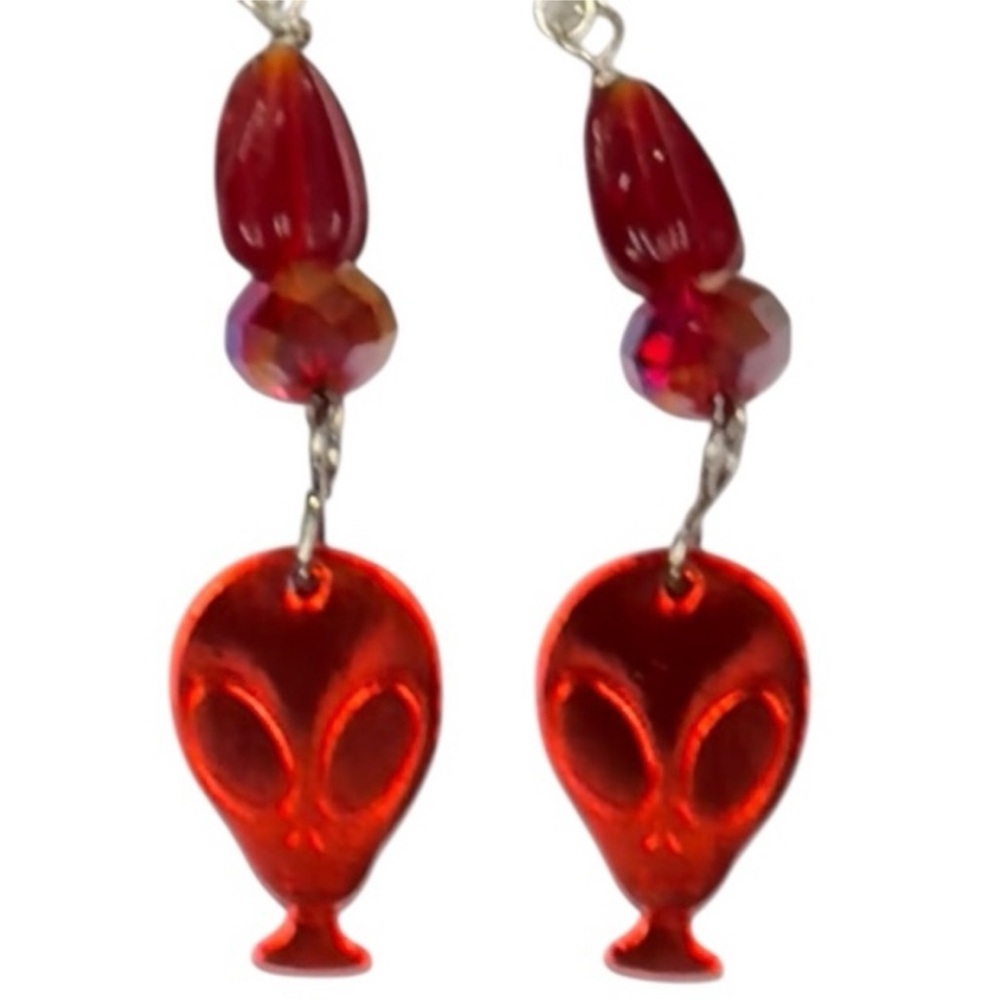 HANDCRAFTED Red ALIEN Face LASER Cut Acrylic Earrings With GLASS BEADS Earrings